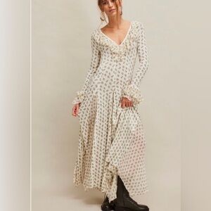 Free People Annalise Waffle Thermal Ruffles Bell Sleeve Godet Maxi Dress XL
